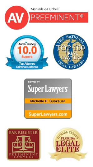 Attorney rating logos: AV-Preeminent, Avvo, Top 100 Trial Lawyers, Super Lawyers, FLorida Bar Board Certified Criminal Trail Lawyer, Florida Trend Legal Elite, Bar Register